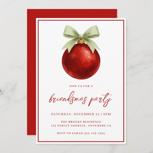 Invitation Elegant Watercolor Bauble & Bow Friendsmas Party (Devant / Derrière)