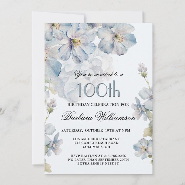 Invitation Elegant Watercolor Blue Floral 100th Birthday  (Devant)