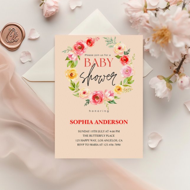 Invitation Elegant Watercolor Blush Floral Baby Shower        (Créateur téléchargé)