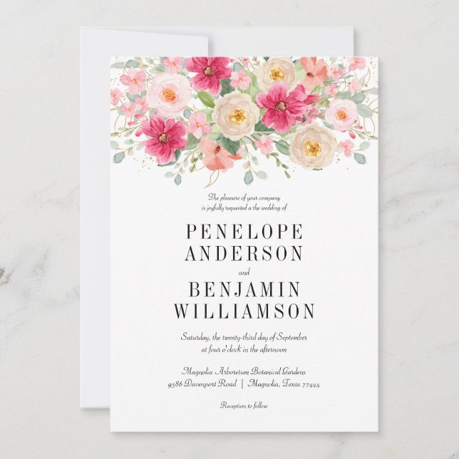 Invitation Elegant Watercolor Bright Pink Floral Wedding (Devant)