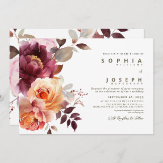 Invitation Elegant watercolor Burgundy Bouquet Floral Wedding