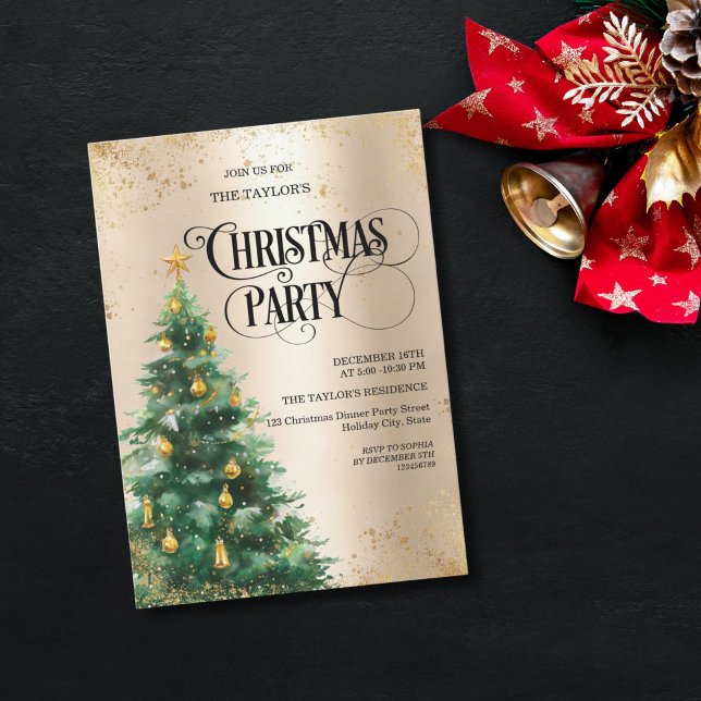 Invitation Elegant Watercolor Christmas Tree (Elegant watercolor Christmas tree invitation featuring a hand-painted tree with gold background)
