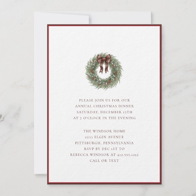 Invitation Elegant Watercolor Christmas Wreath Plaid Bow  (Devant)