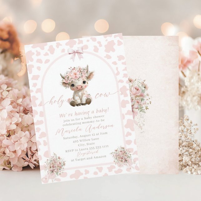 Invitation Elegant Watercolor Cow Holy Highland  Baby Shower (Créateur téléchargé)
