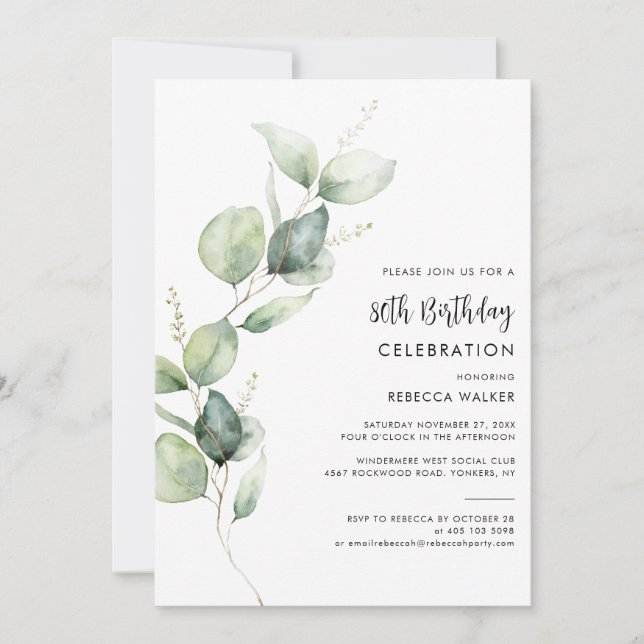 Invitation Elegant Watercolor Eucalyptus 80th Birthday Party (Devant)