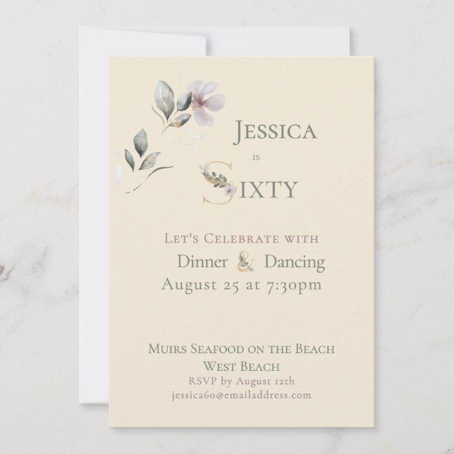 Invitation Elegant Watercolor Floral Cream 60th Birthday  (Devant)