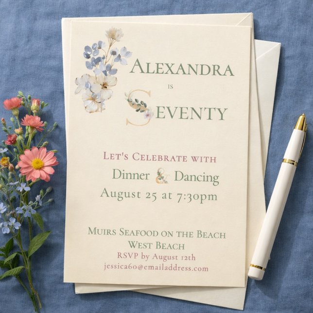 Invitation Elegant Watercolor Floral Cream 70th Birthday  (Créateur téléchargé)