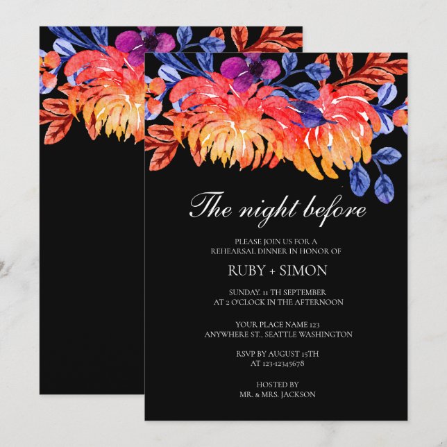 Invitation Elegant Watercolor Floral Wedding Rehearsal Dinner (Devant / Derrière)