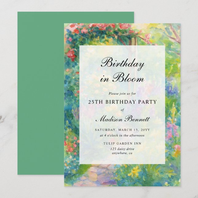 Invitation Elegant Watercolor Garden Adult Birthday Party (Devant / Derrière)