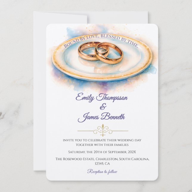 Invitation Elegant Watercolor Golden Rose Wedding Rings (Devant)