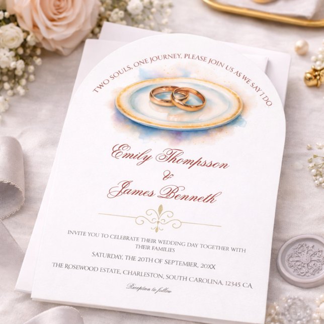 Invitation Elegant Watercolor Golden Rose Wedding Rings (Créateur téléchargé)
