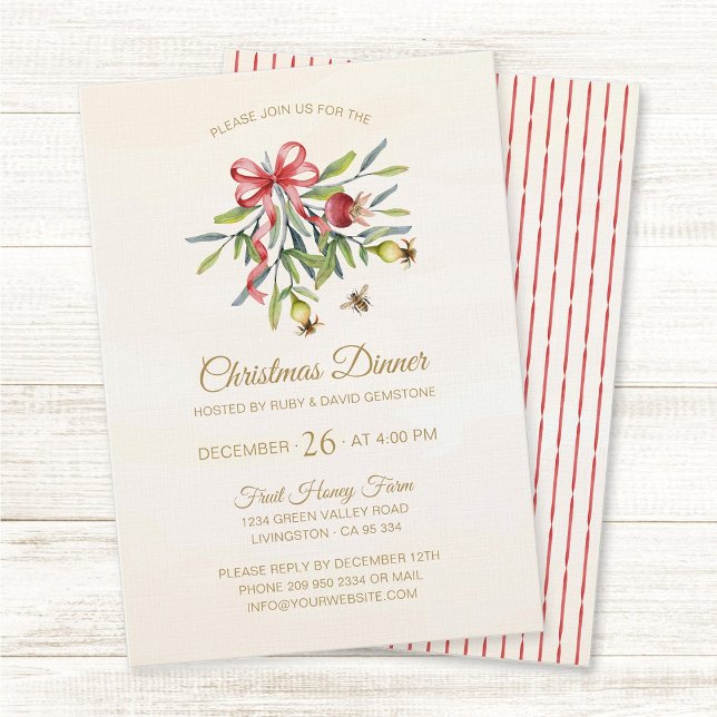 Invitation Elegant Watercolor Greenery Christmas Celebration (Elegant, watercolor greenery red bow holiday Christmas dinner party invitation.)