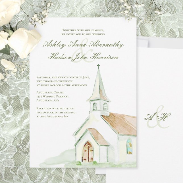Invitation Elegant Watercolor Hand-painted Chapel Wedding  (Créateur téléchargé)