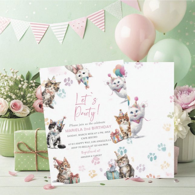 Invitation Elegant  Watercolor Kitten Cat 2nd Birthday  invit (Créateur téléchargé)