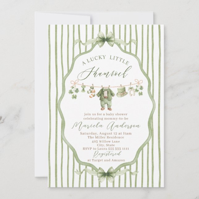 Invitation Elegant Watercolor luck shamrockst Patrics Baby Sh (Devant)