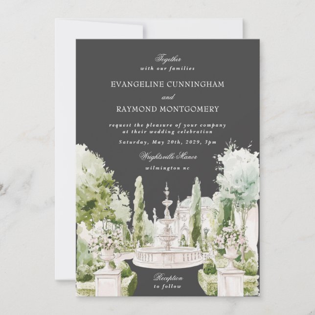 Invitation Elegant Watercolor Manor Garden Grey Wedding (Devant)