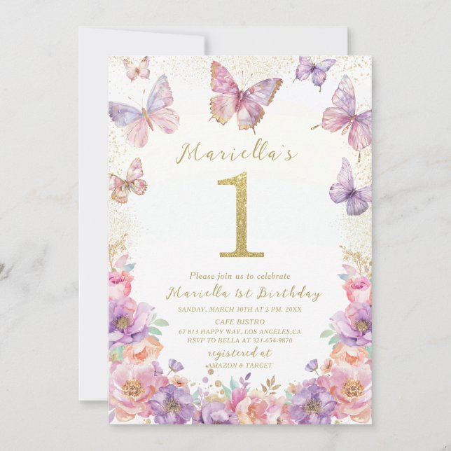 Invitation Elegant  Watercolor One 1st Birthday Butterfly Gir (Devant)
