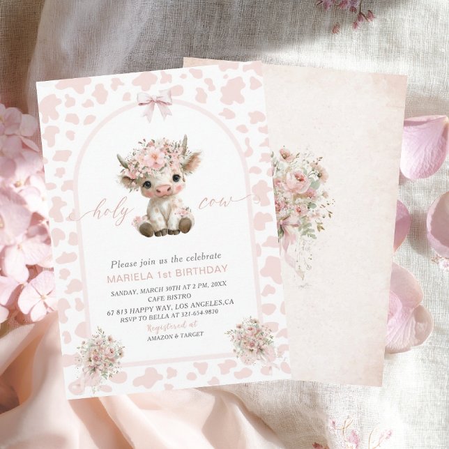 Invitation Elegant  Watercolor One 1st Birthday holy cow girl (Créateur téléchargé)