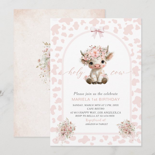 Invitation Elegant  Watercolor One 1st Birthday holy cow girl (Devant / Derrière)