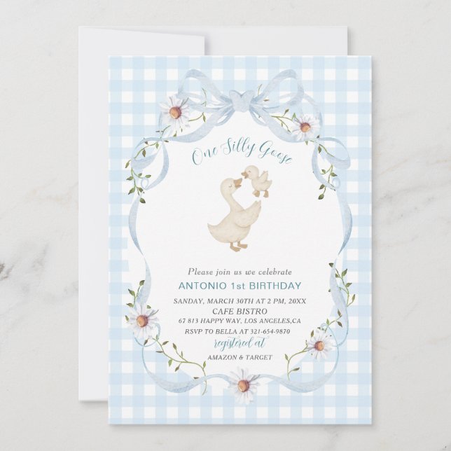 Invitation Elegant  Watercolor One 1st Birthday silly goose G (Devant)