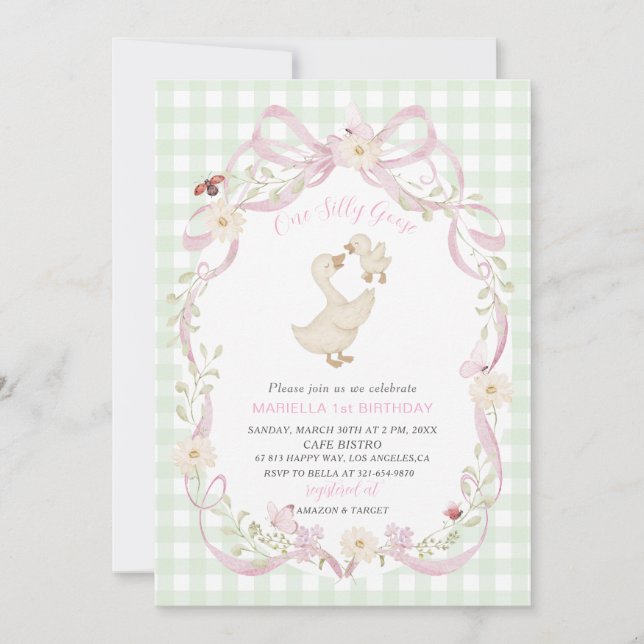Invitation Elegant  Watercolor One 1st Birthday silly goose G (Devant)