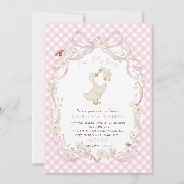 Invitation Elegant  Watercolor One 1st Birthday silly goose G (Devant)
