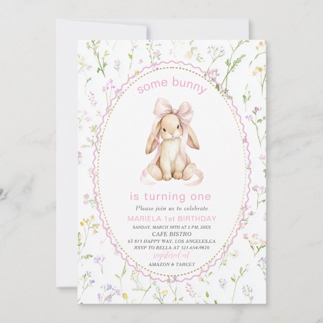 Invitation Elegant  Watercolor One 1st Birthday some bunny Gi (Devant)