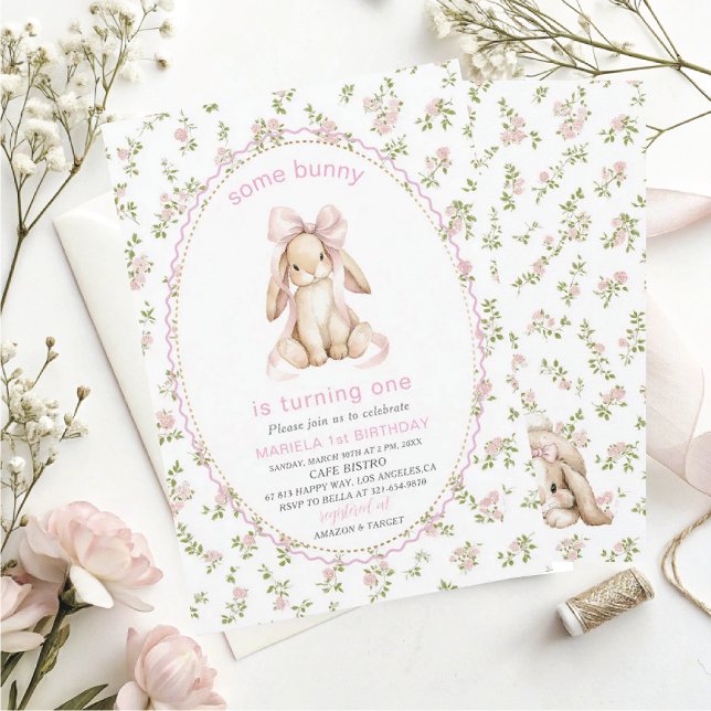 Invitation Elegant  Watercolor One 1st Birthday some bunny Gi (Créateur téléchargé)