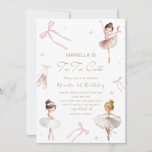 Invitation Elegant  Watercolor One 1st Birthday tutu cute Gir (Devant)