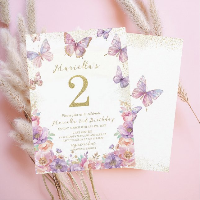 Invitation Elegant  Watercolor One 2nd Birthday Butterfly Gir (Créateur téléchargé)
