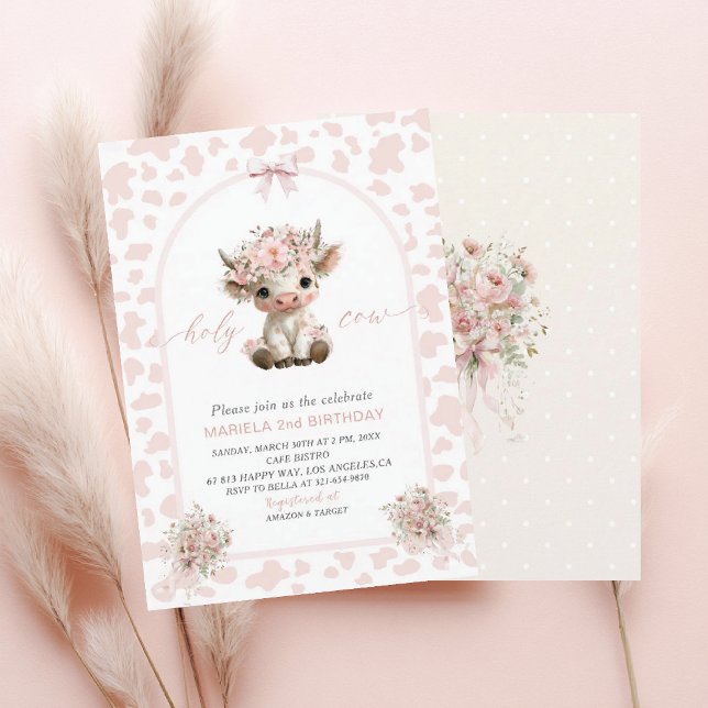 Invitation Elegant  Watercolor One 2nd Birthday holy cow girl (Créateur téléchargé)