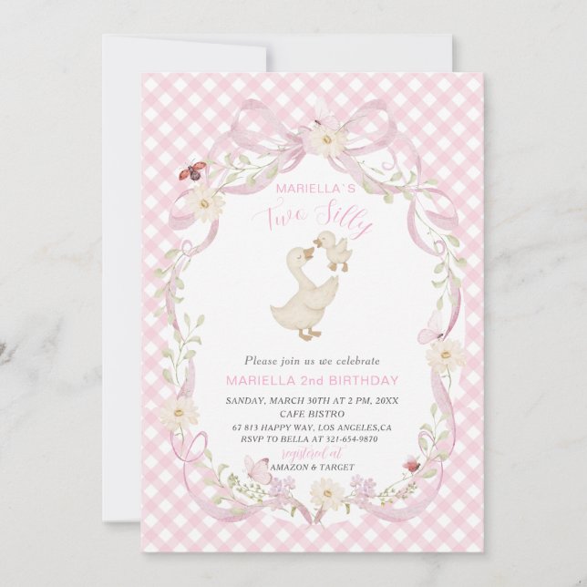 Invitation Elegant  Watercolor One 2nd Birthday silly goose B (Devant)