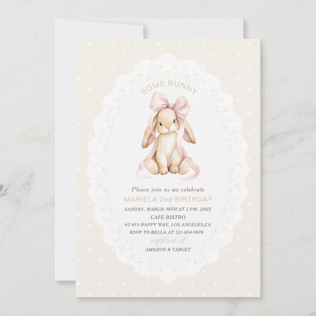 Invitation Elegant  Watercolor One 2nd Birthday some bunny gi (Devant)