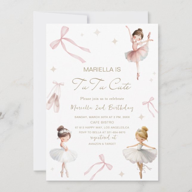 Invitation Elegant  Watercolor One 2nd Birthday tutu cute Gir (Devant)