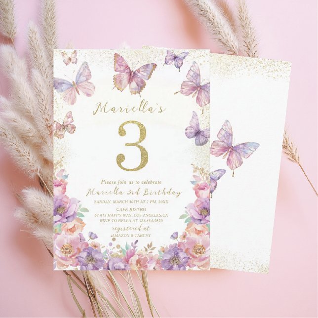 Invitation Elegant  Watercolor One 3rd Birthday Butterfly Gir (Créateur téléchargé)
