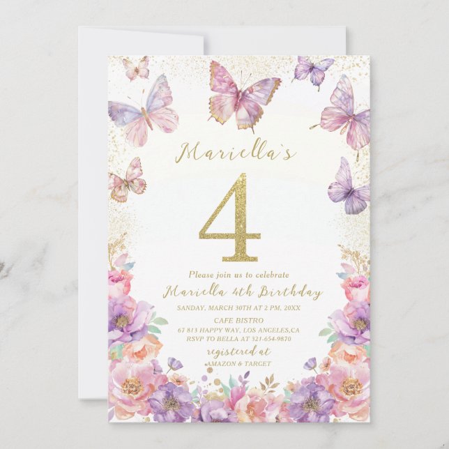Invitation Elegant  Watercolor One 4th Birthday Butterfly Gir (Devant)