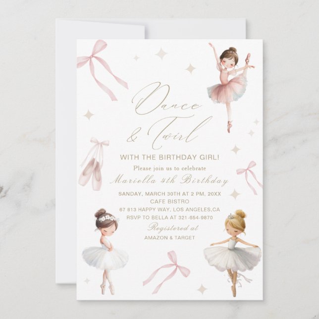 Invitation Elegant  Watercolor One 4th Birthday tutu cute Gir (Devant)