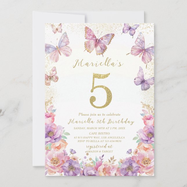 Invitation Elegant  Watercolor One 5th Birthday Butterfly Gir (Devant)