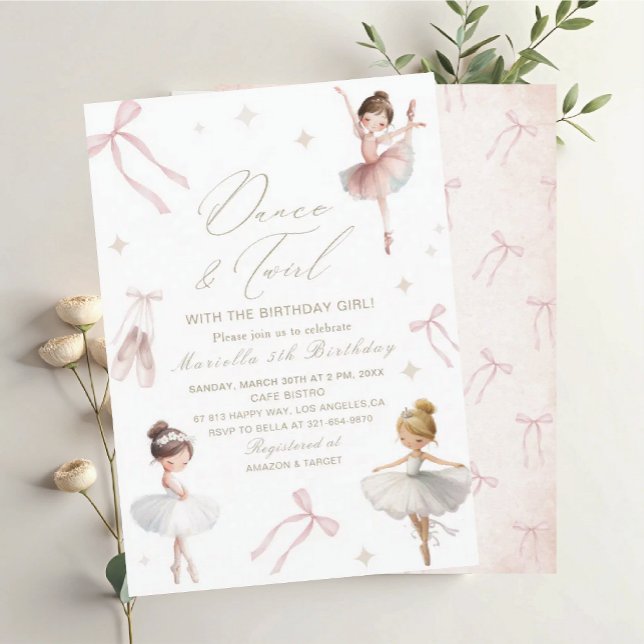 Invitation Elegant  Watercolor One 5th Birthday tutu cute Gir (Créateur téléchargé)