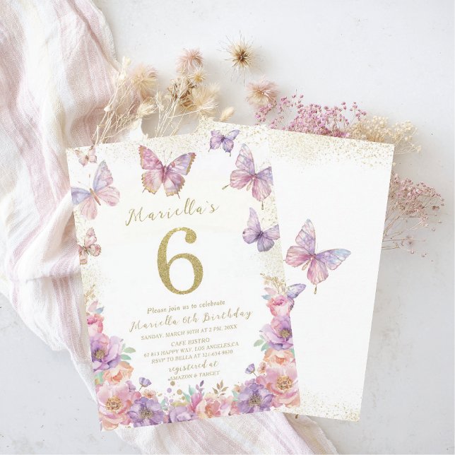 Invitation Elegant  Watercolor One 6th Birthday Butterfly Gir (Créateur téléchargé)