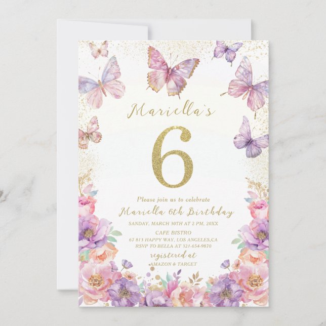 Invitation Elegant  Watercolor One 6th Birthday Butterfly Gir (Devant)
