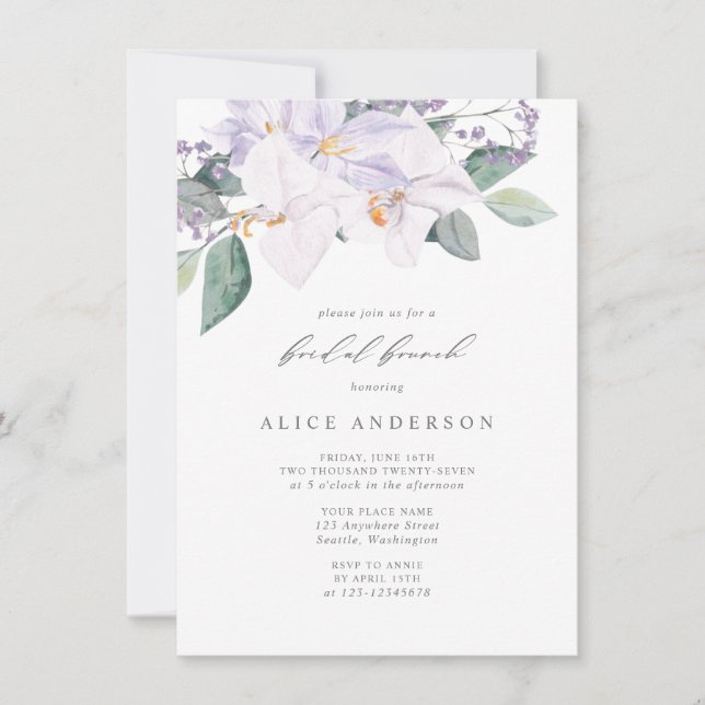 Invitation Elegant Watercolor Orchids Greenery Bridal Brunch (Devant)