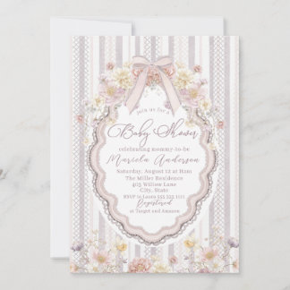 Invitation Elegant Watercolor pastel wildflower bow lace Baby