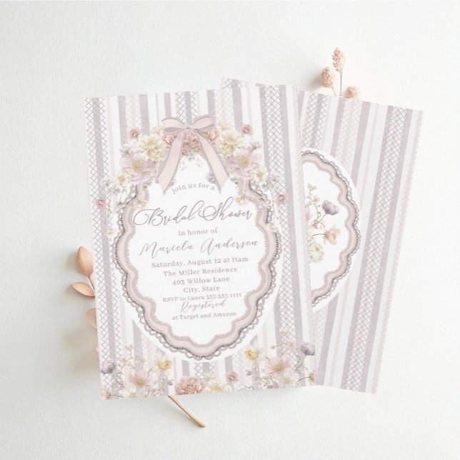 Invitation Elegant Watercolor pastel wildflower bow lace Brid (Créateur téléchargé)