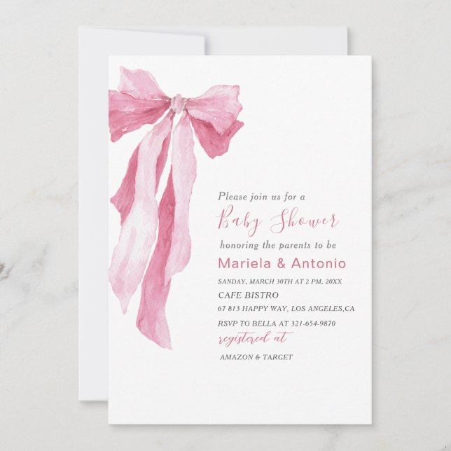 Invitation Elegant  Watercolor Pink Bow Girl Baby Shower (Devant)