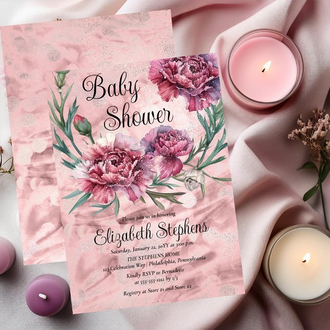 Invitation Elegant Watercolor Pink Carnations Baby Shower (Elegant Watercolor Pink Carnations Girl Baby Shower Invitation - Print | Digital Download)