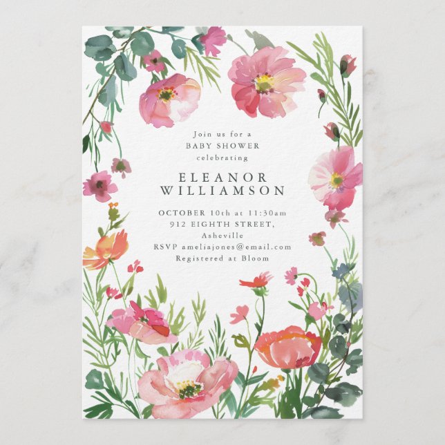 Invitation Elegant Watercolor Pink Floral Baby Shower (Devant)