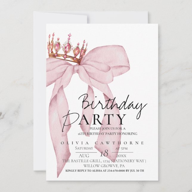 Invitation Elegant Watercolor Pink Gold Bow Birthday Party  (Devant)