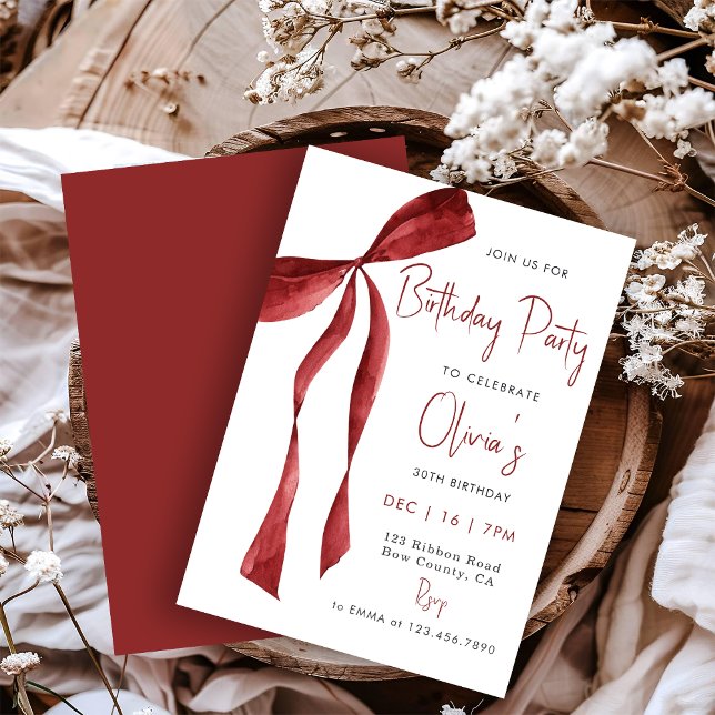 Invitation Elegant Watercolor Red Bow adult Birthday Party (Créateur téléchargé)
