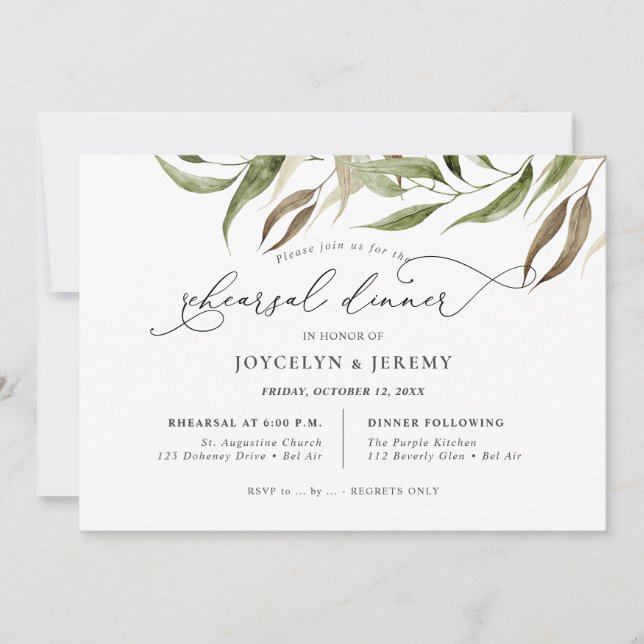 Invitation Elegant Watercolor Rustic Eucalyptus Rehearsal (Devant)